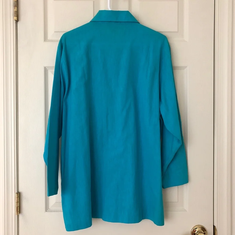 E Street Linen/Cotton Blend Button Front Embroidered Top Turquoise Size Large - Picture 2 of 10